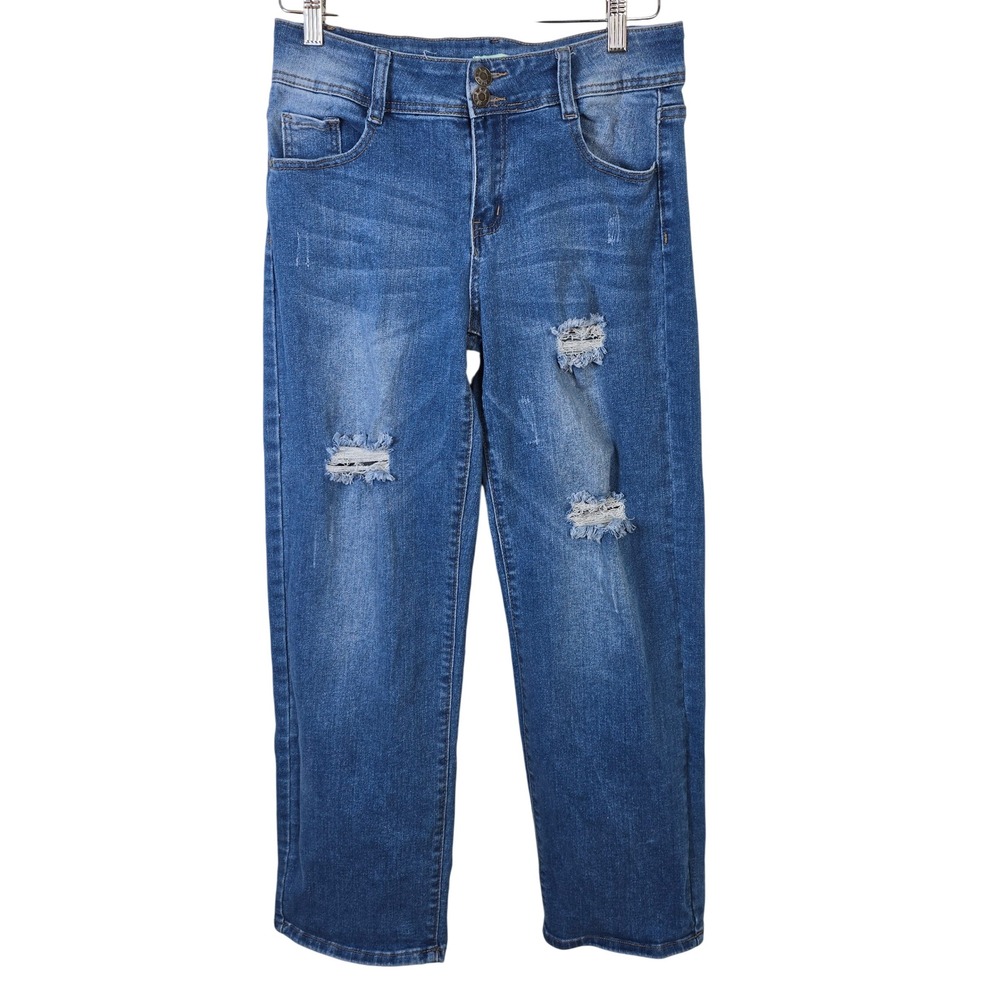 Sky Jeans Womens Size 9 Medium Wash Distressed Straight‎ Leg Ripped Denim
